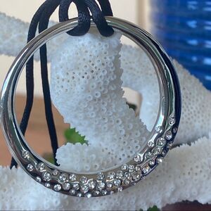Silk Cord Silver Hoop Necklace Made w/ Swarovski Crystal